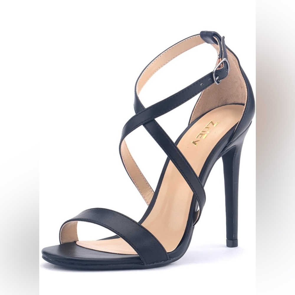 ZriEy Women Cross Ankle Strap Open Toe High Heels, Black, Size 7.5